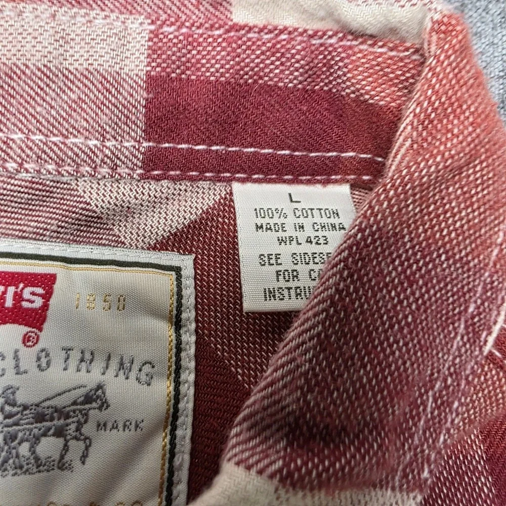 Levis Flannel Shirt Mens Large Red Plaid Double Pocket Camp Hiking Outdoor L